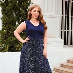 Plus Size V-Neck Sleeveless Midi Dress